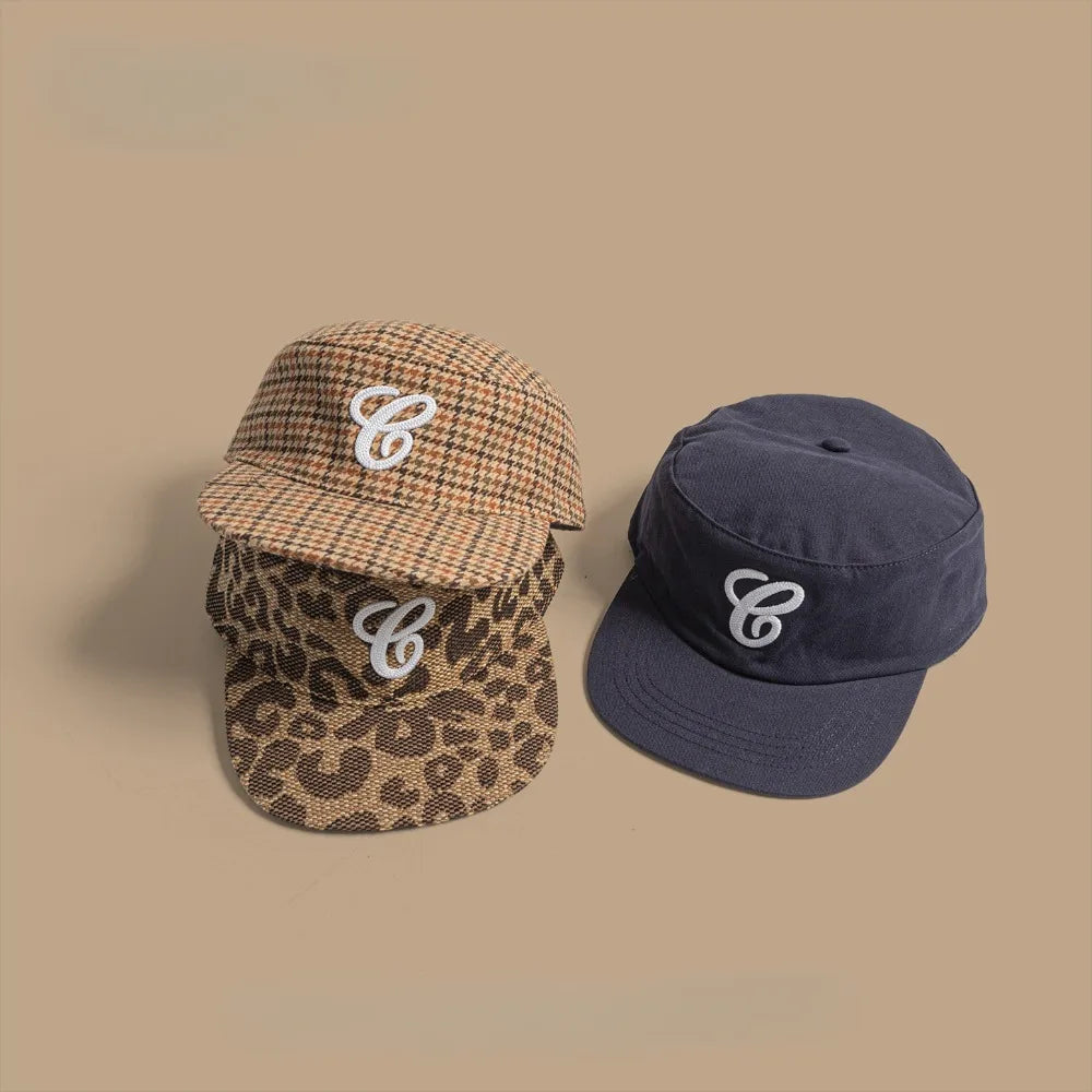 Vintage Flat Top Plaid Letter Embroidery Turn‑Down Cap Leopard Print Baseball Cap Unisex Streetwear Fashion for Men Women Casual