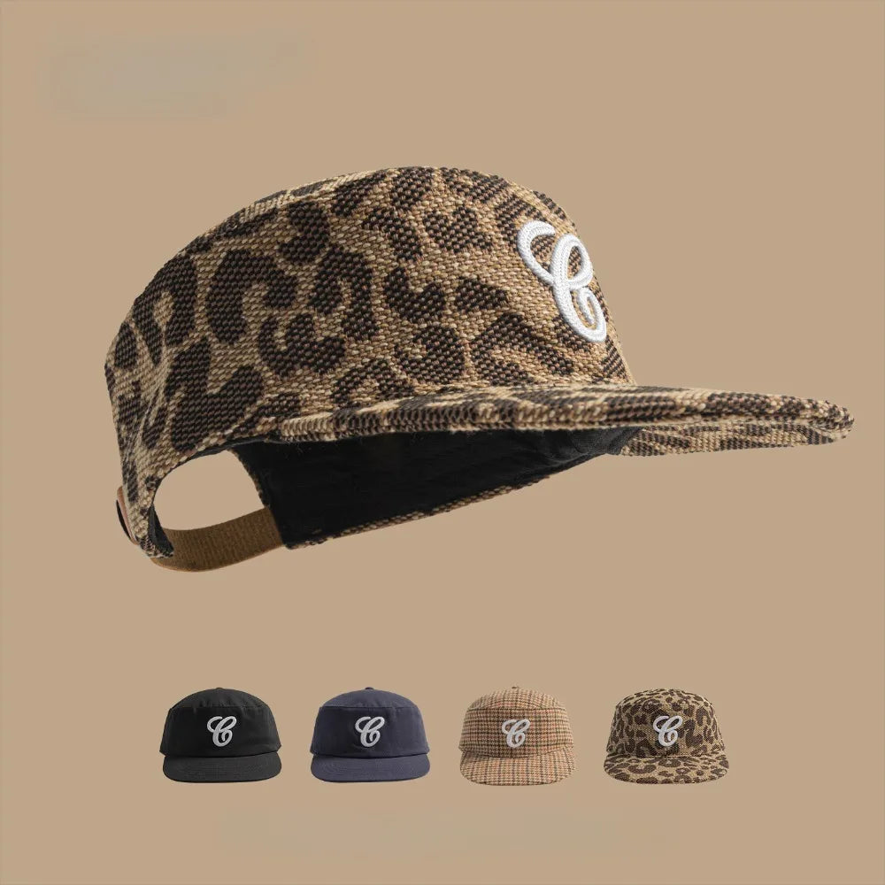 Vintage Flat Top Plaid Letter Embroidery Turn‑Down Cap Leopard Print Baseball Cap Unisex Streetwear Fashion for Men Women Casual