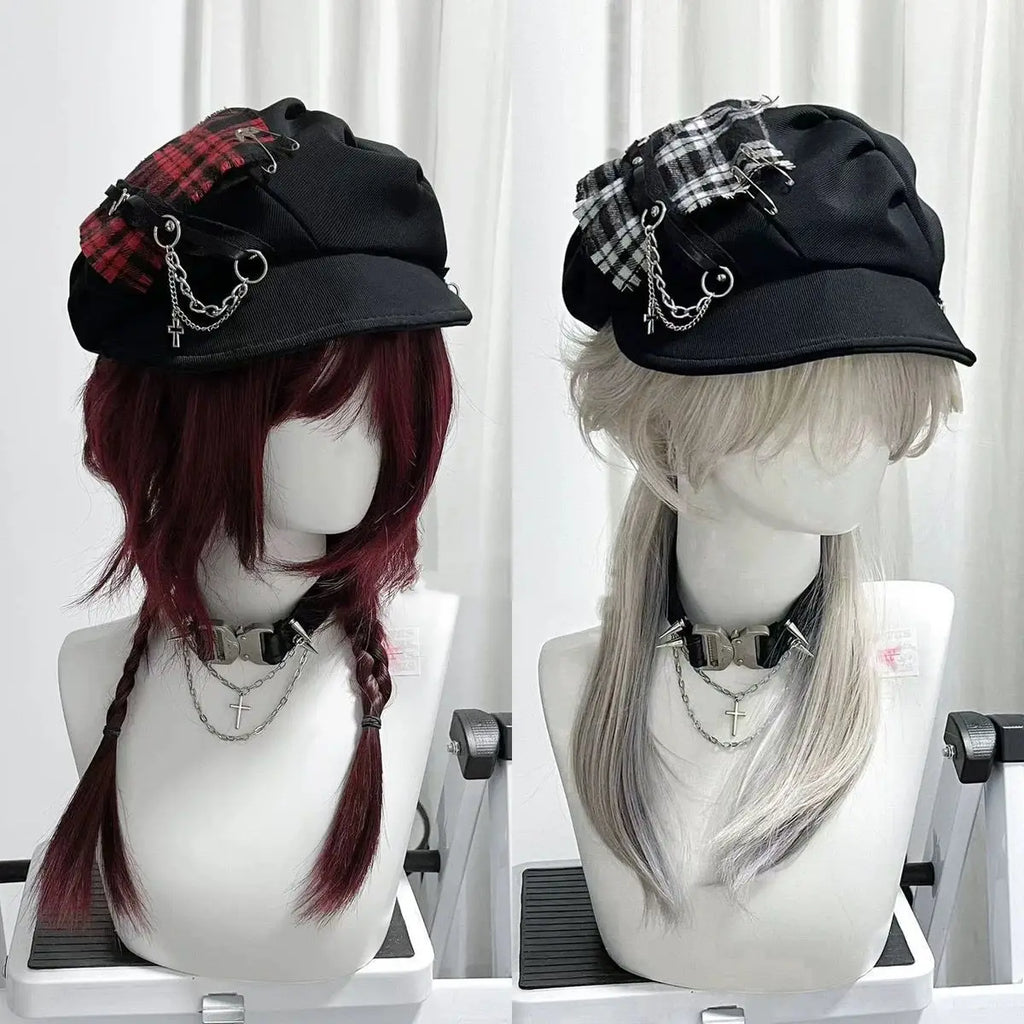 Spicy Girl Cross Neutral Dark Checkered Beret Cloud Hat Soft Brim Subcultural Punk Millennium Style Hat for Women